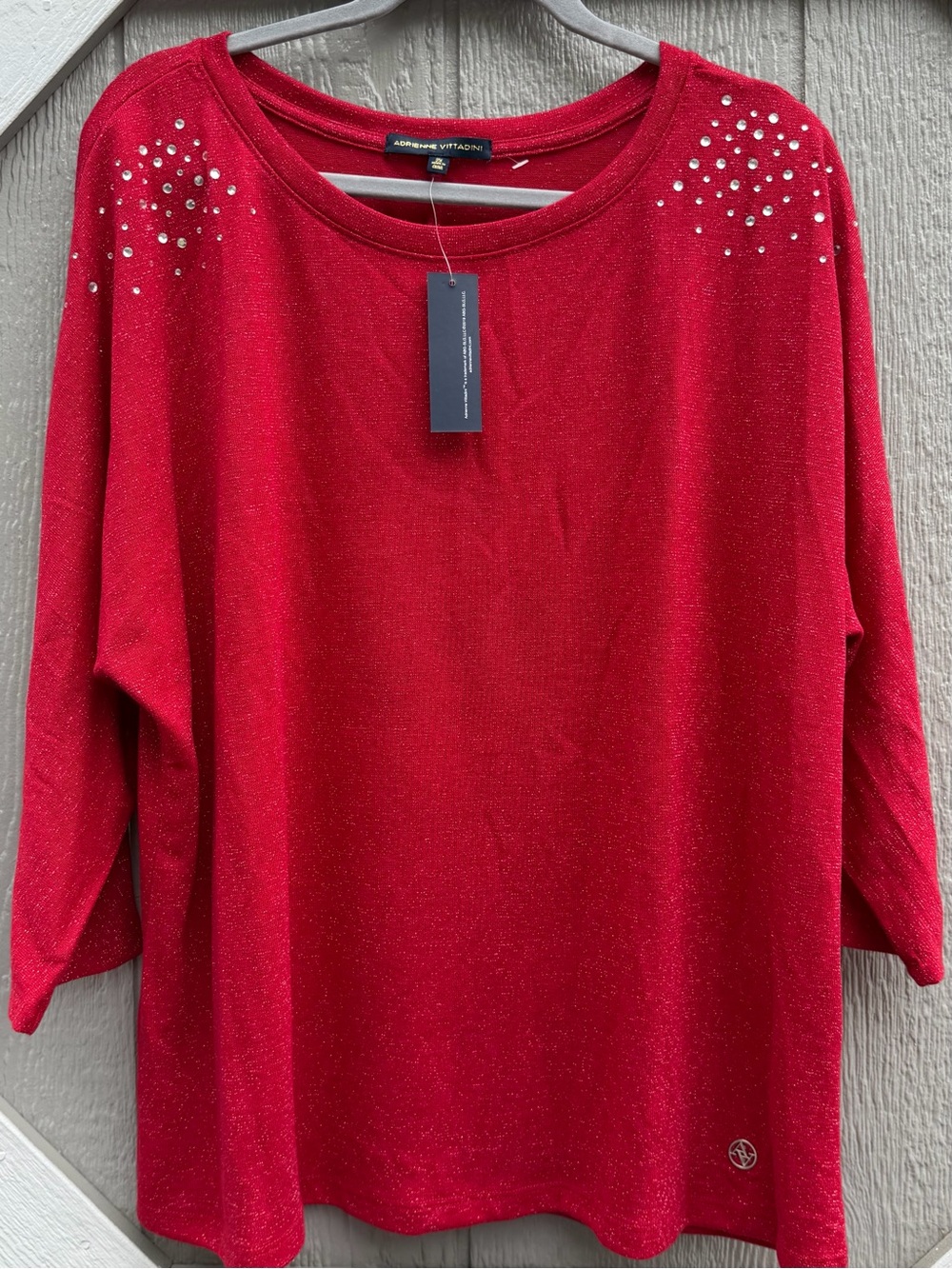 Adrienne Vittadini Red Long-Sleeve Rhinestone Shoulder Top